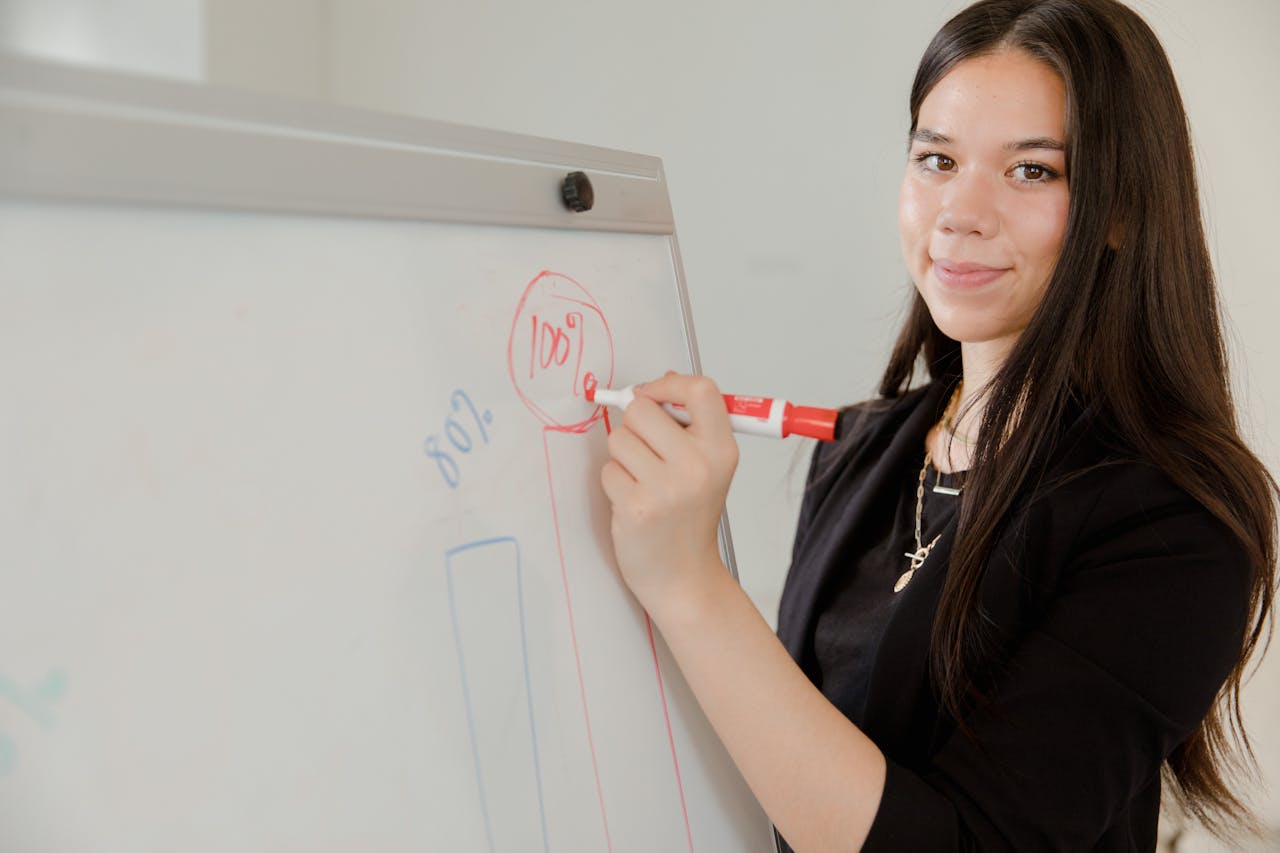 Confident businesswoman presenting data on a whiteboard in a modern office setting.